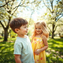 A warm, sunny park setting featuring a young boy and a girl in the same frame