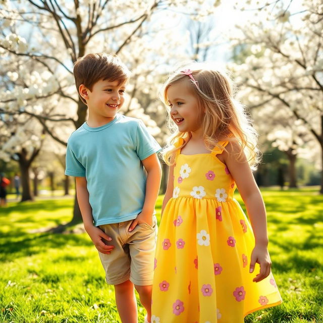 A warm, sunny park setting featuring a young boy and a girl in the same frame