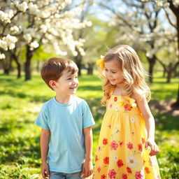 A warm, sunny park setting featuring a young boy and a girl in the same frame