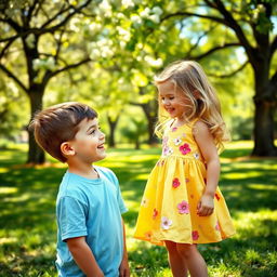 A warm, sunny park setting featuring a young boy and a girl in the same frame
