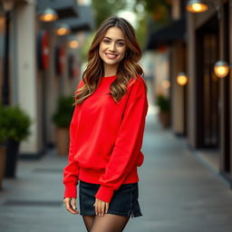 A fashionable young woman wearing a vibrant red sweatshirt paired with a stylish black denim skirt and elegant black stockings