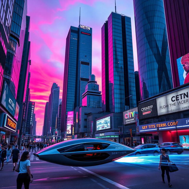 A futuristic cityscape at dusk, with towering skyscrapers made of glass and steel reflecting vibrant pink and purple hues in the sky