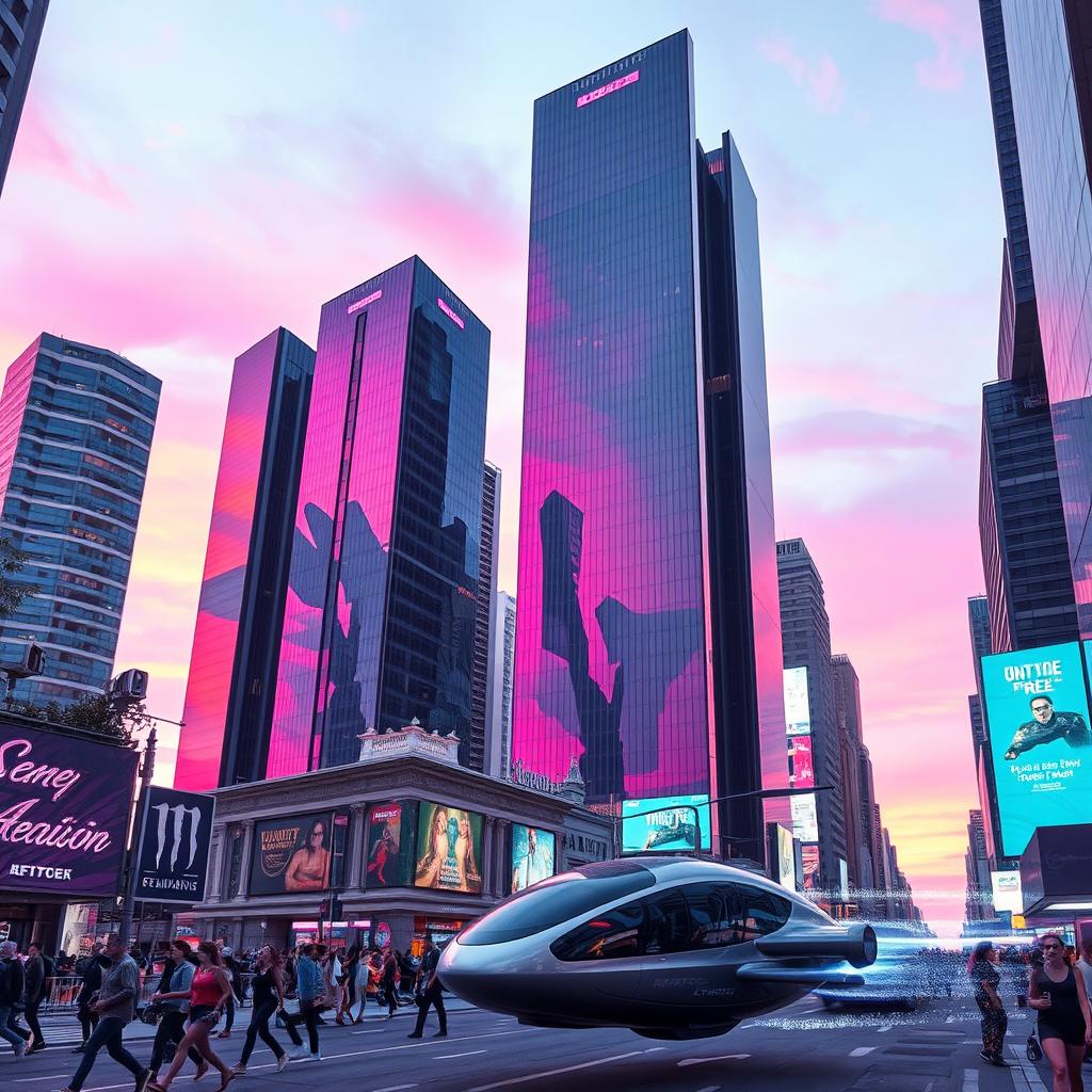 A futuristic cityscape at dusk, with towering skyscrapers made of glass and steel reflecting vibrant pink and purple hues in the sky