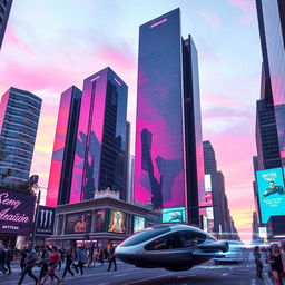 A futuristic cityscape at dusk, with towering skyscrapers made of glass and steel reflecting vibrant pink and purple hues in the sky