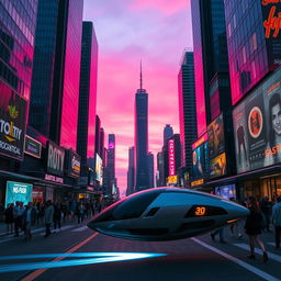 A futuristic cityscape at dusk, with towering skyscrapers made of glass and steel reflecting vibrant pink and purple hues in the sky