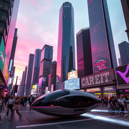 A futuristic cityscape at dusk, with towering skyscrapers made of glass and steel reflecting vibrant pink and purple hues in the sky