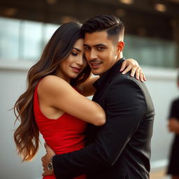 A beautiful young woman in a striking red dress, embracing a man who is wearing a classic black outfit