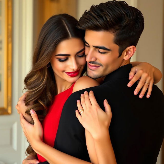 A beautiful young woman in a striking red dress, embracing a man who is wearing a classic black outfit