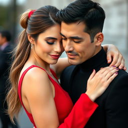 A beautiful young woman in a striking red dress, embracing a man who is wearing a classic black outfit