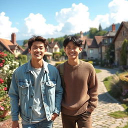 Two young men, Chimin and Yungi, strolling through a picturesque village