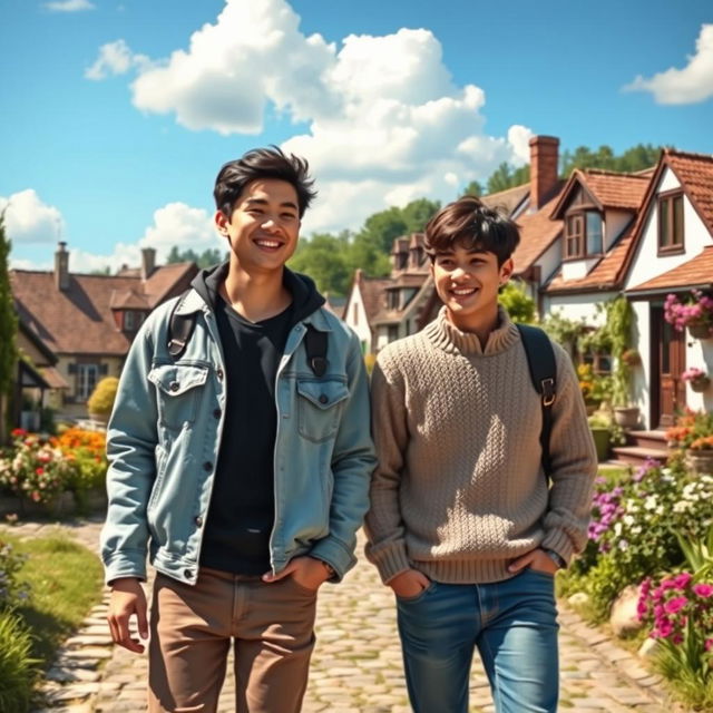 Two young men, Chimin and Yungi, strolling through a picturesque village