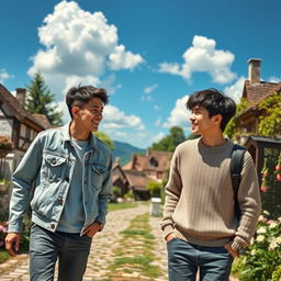 Two young men, Chimin and Yungi, strolling through a picturesque village