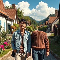 Two young men, Chimin and Yungi, strolling through a picturesque village