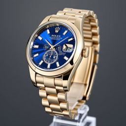 A luxurious watch inspired by the Rolex Oyster Perpetual, featuring a stunning blue dial with intricate details, and a classic jubilee bracelet