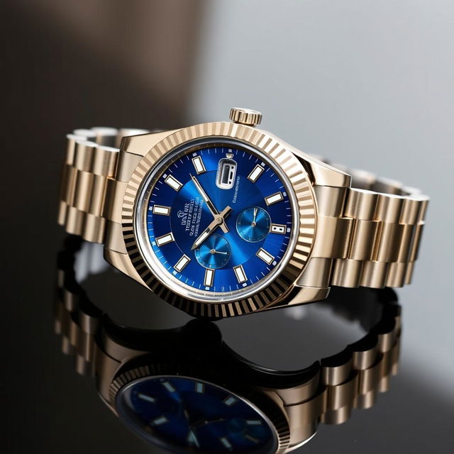 A luxurious watch inspired by the Rolex Oyster Perpetual, featuring a stunning blue dial with intricate details, and a classic jubilee bracelet