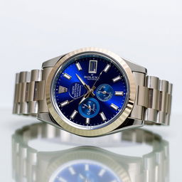 A luxurious watch inspired by the Rolex Oyster Perpetual, featuring a stunning blue dial with intricate details, and a classic jubilee bracelet