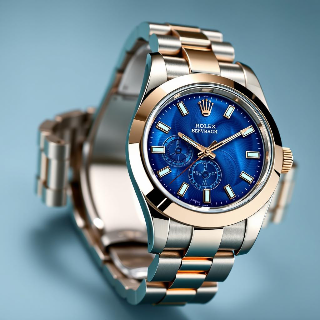 A luxurious watch inspired by the Rolex Oyster Perpetual, featuring a stunning blue dial with intricate details, and a classic jubilee bracelet