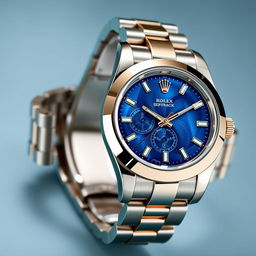 A luxurious watch inspired by the Rolex Oyster Perpetual, featuring a stunning blue dial with intricate details, and a classic jubilee bracelet