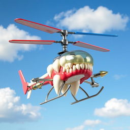 A whimsical and imaginative sculpture of a helicopter made entirely from dental teeth and gums, where the rotor blades are crafted from molars