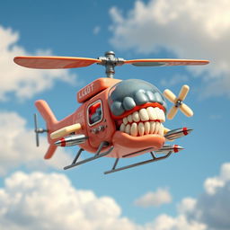 A whimsical and imaginative sculpture of a helicopter made entirely from dental teeth and gums, where the rotor blades are crafted from molars