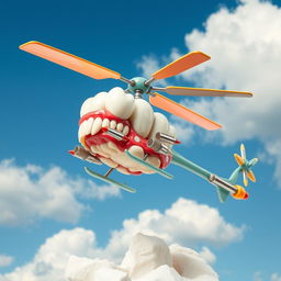 A whimsical and imaginative sculpture of a helicopter made entirely from dental teeth and gums, where the rotor blades are crafted from molars