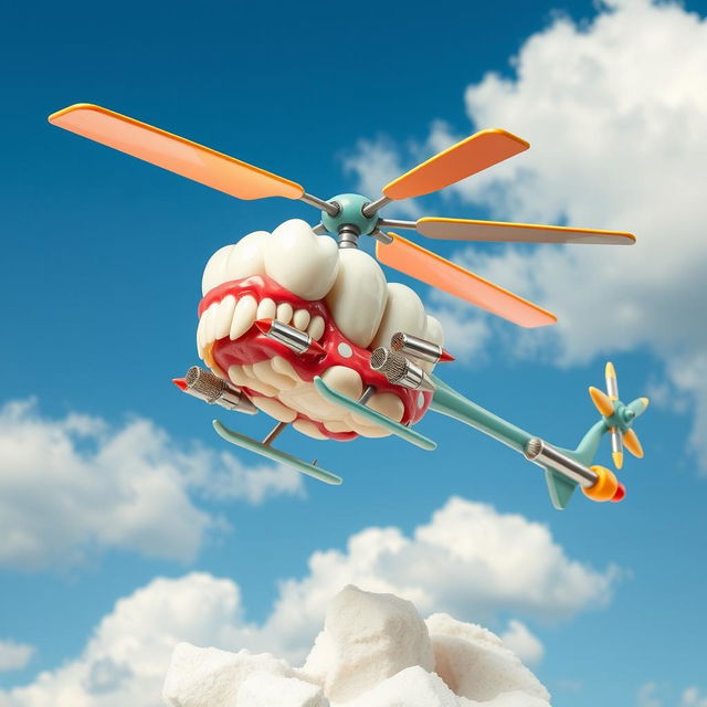 A whimsical and imaginative sculpture of a helicopter made entirely from dental teeth and gums, where the rotor blades are crafted from molars