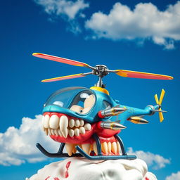 A whimsical and imaginative sculpture of a helicopter made entirely from dental teeth and gums, where the rotor blades are crafted from molars