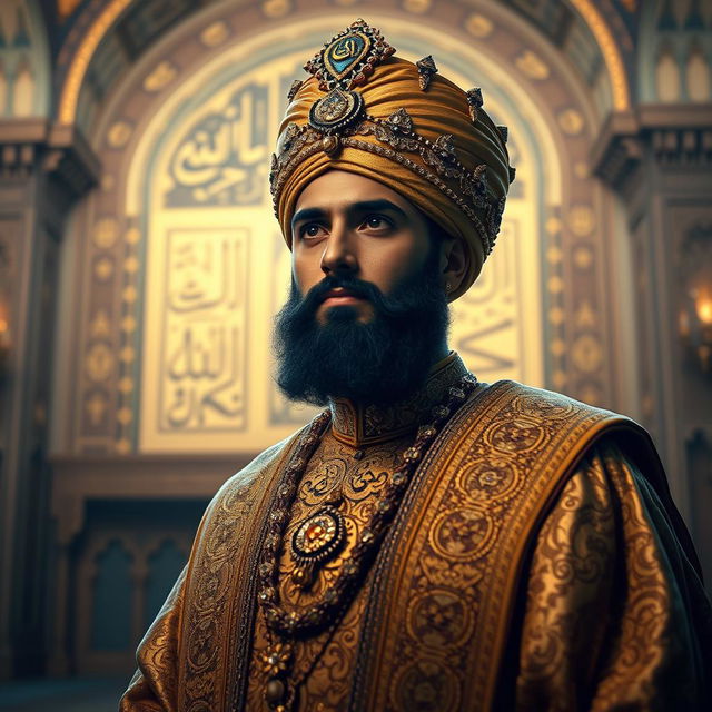 A majestic portrait of Caliph Sultan Abbasi, depicted in a grand, opulent palace setting