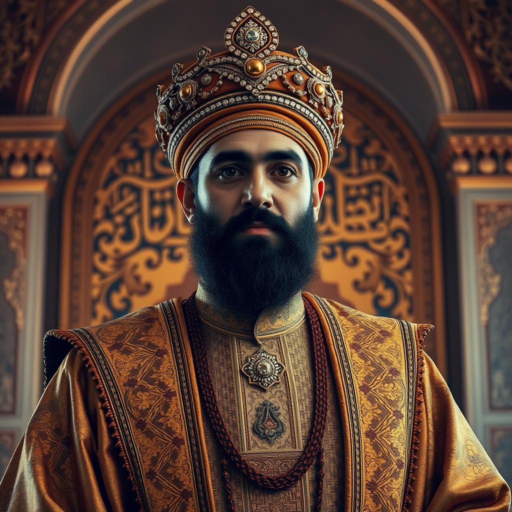 A majestic portrait of Caliph Sultan Abbasi, depicted in a grand, opulent palace setting