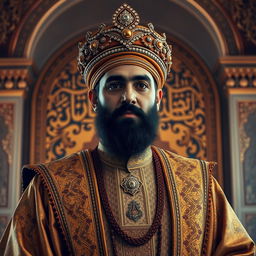 A majestic portrait of Caliph Sultan Abbasi, depicted in a grand, opulent palace setting