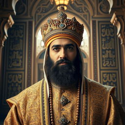 A majestic portrait of Caliph Sultan Abbasi, depicted in a grand, opulent palace setting