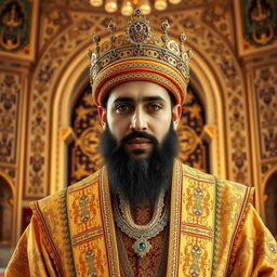 A majestic portrait of Caliph Sultan Abbasi, depicted in a grand, opulent palace setting