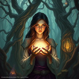 A mystical forest scene featuring a woman with an enchanting expression, holding a glowing item radiating soft light in her hands