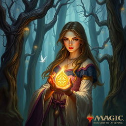 A mystical forest scene featuring a woman with an enchanting expression, holding a glowing item radiating soft light in her hands