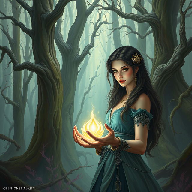 A mystical forest scene featuring a woman with an enchanting expression, holding a glowing item radiating soft light in her hands