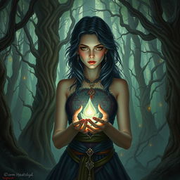 A mystical forest scene featuring a woman with an enchanting expression, holding a glowing item radiating soft light in her hands