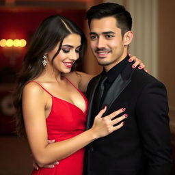 A beautiful young woman wearing a vibrant red dress, embracing a man dressed in sleek black attire