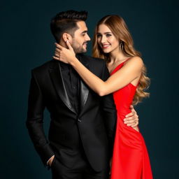 A beautiful young woman wearing a vibrant red dress, embracing a man dressed in sleek black attire