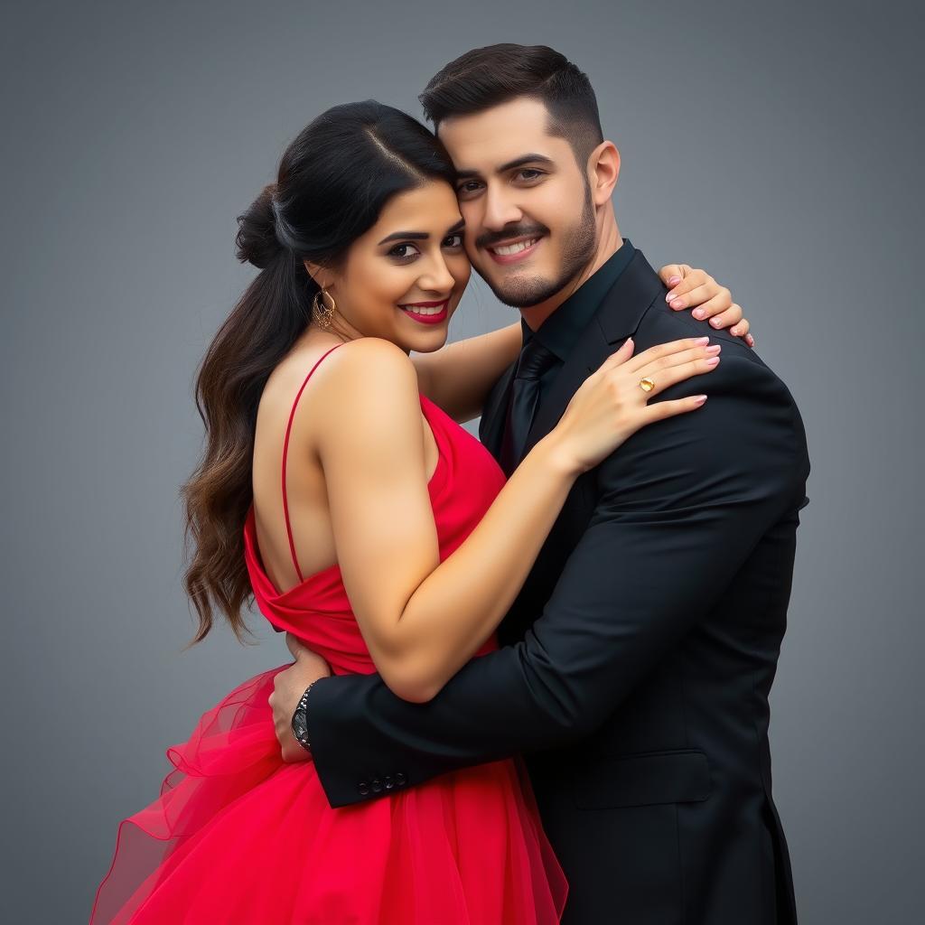 A beautiful young woman wearing a vibrant red dress, embracing a man dressed in sleek black attire