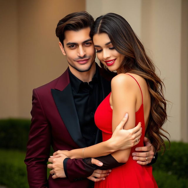 A beautiful young woman wearing a vibrant red dress, embracing a man dressed in sleek black attire