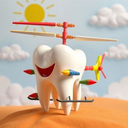 A creative sculpture of a molar tooth designed to resemble a helicopter, with the tooth itself forming the body