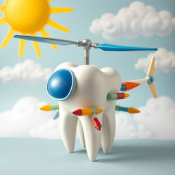 A creative sculpture of a molar tooth designed to resemble a helicopter, with the tooth itself forming the body