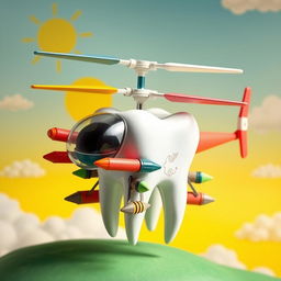 A creative sculpture of a molar tooth designed to resemble a helicopter, with the tooth itself forming the body