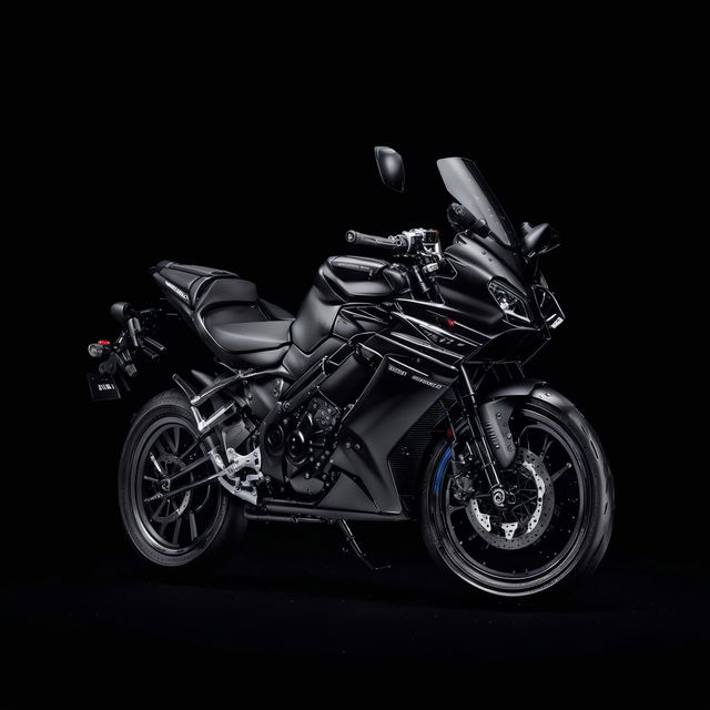 A high-quality digital rendering of a black 2019 Yamaha R3 motorcycle, with its sleek design, glossy black color, and unique features like dual LED headlights and streamlined bodywork prominently displayed against a neutral background