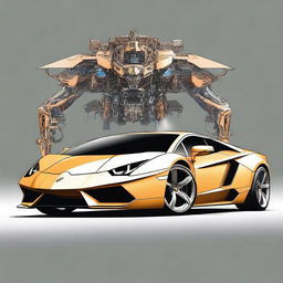 This is a high-quality digital art piece depicting a Lamborghini transforming into a mecha