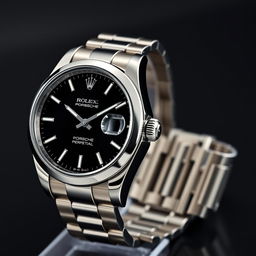 A luxurious watch inspired by the Rolex Oyster Perpetual, featuring a sleek black dial that embodies sophistication and a modern edge