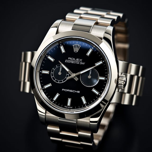 A luxurious watch inspired by the Rolex Oyster Perpetual, featuring a sleek black dial that embodies sophistication and a modern edge