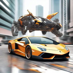 This is a high-quality digital art piece depicting a Lamborghini transforming into a mecha