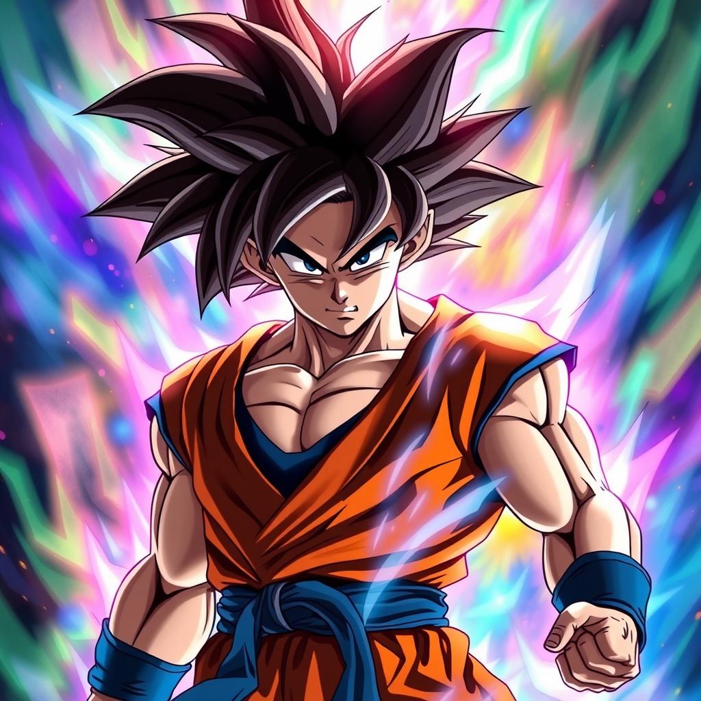 Goku from Dragon Ball in his Ultra Instinct form, showcasing intricate details of his hair and muscle definition, surrounded by a vibrant aura of energy