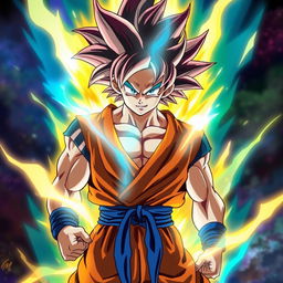 Goku from Dragon Ball in his Ultra Instinct form, showcasing intricate details of his hair and muscle definition, surrounded by a vibrant aura of energy